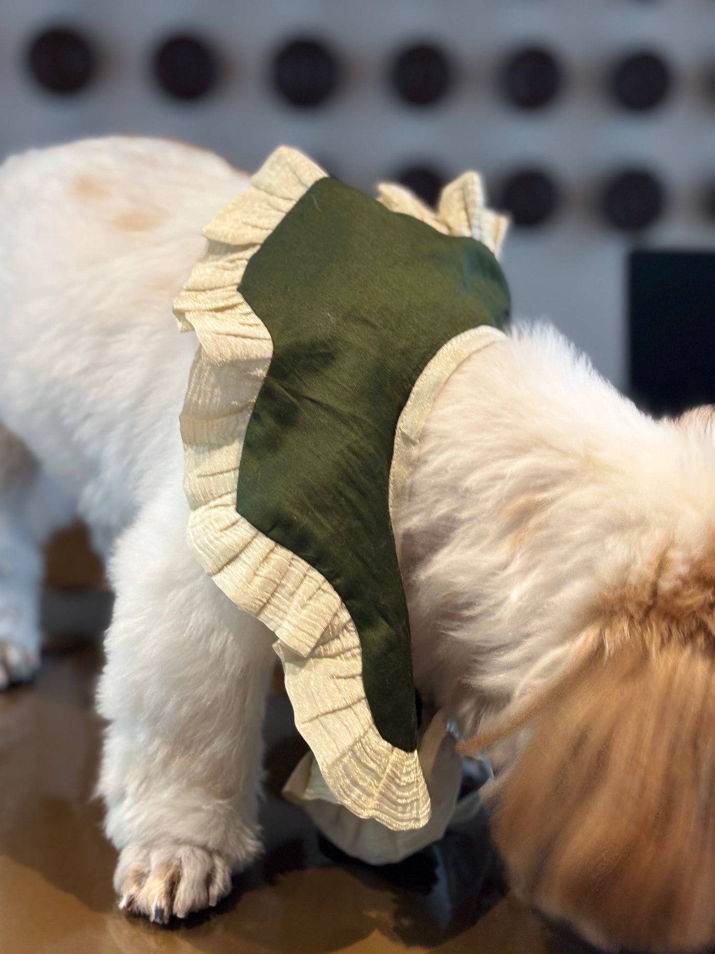 The Petal Ruffle Bandana - Elegant Emerald Green & Gold Festive Pet Cape